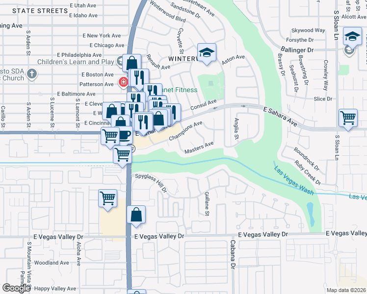 map of restaurants, bars, coffee shops, grocery stores, and more near 2532 Masters Circle in Las Vegas