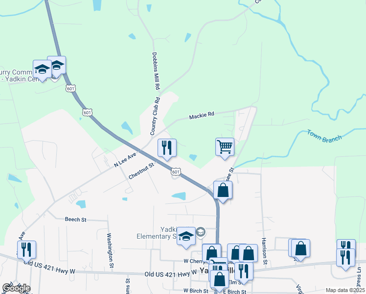 map of restaurants, bars, coffee shops, grocery stores, and more near 1112 Mackie Road in Yadkinville