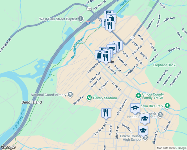 map of restaurants, bars, coffee shops, grocery stores, and more near 241 Depot Street in Jonesborough