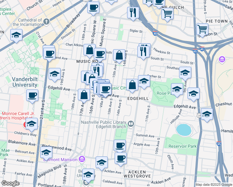 map of restaurants, bars, coffee shops, grocery stores, and more near 1307 Tremont Avenue in Nashville
