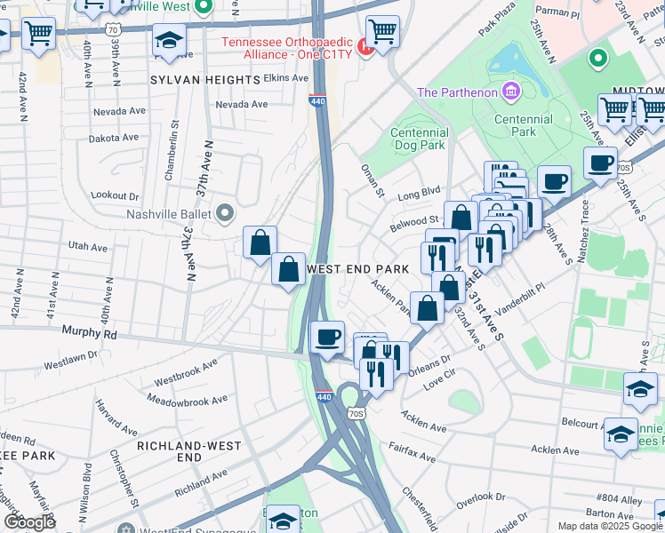 map of restaurants, bars, coffee shops, grocery stores, and more near in Nashville