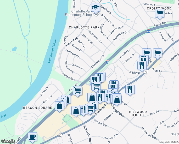 map of restaurants, bars, coffee shops, grocery stores, and more near 505 Continental Drive in Nashville