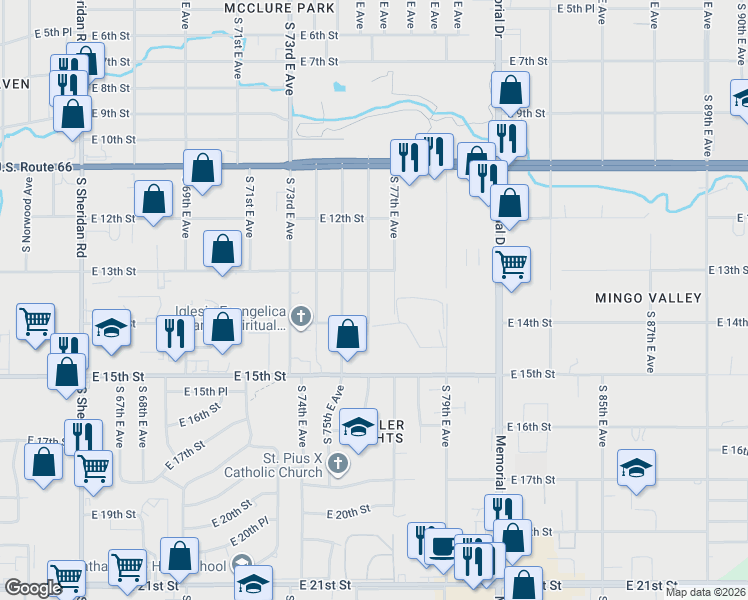 map of restaurants, bars, coffee shops, grocery stores, and more near 1307 South 76th East Avenue in Tulsa