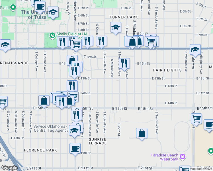 map of restaurants, bars, coffee shops, grocery stores, and more near 1303 South Louisville Avenue in Tulsa