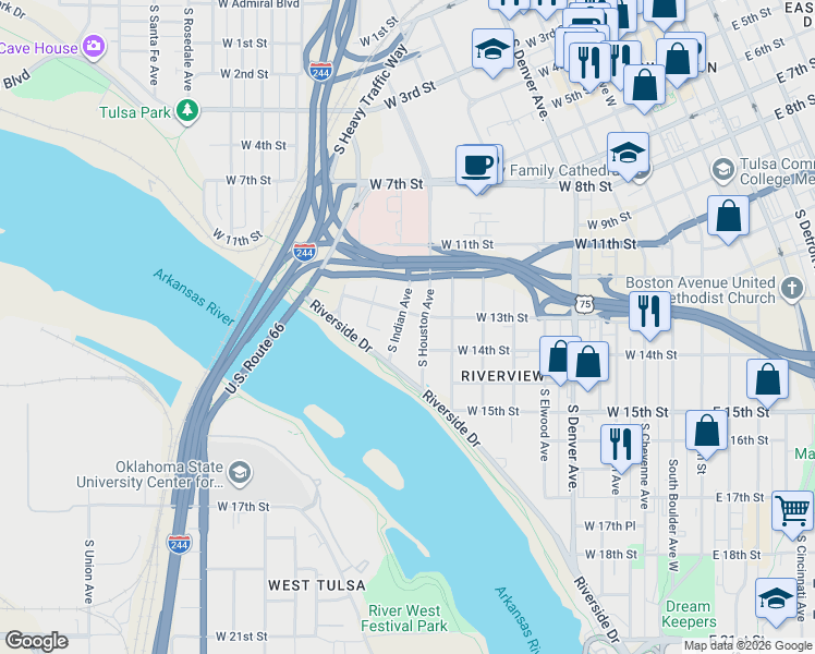 map of restaurants, bars, coffee shops, grocery stores, and more near 1224 South Houston Avenue in Tulsa