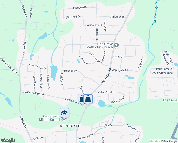 map of restaurants, bars, coffee shops, grocery stores, and more near 804 Gehring Drive in Kernersville