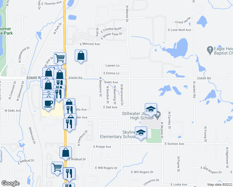 map of restaurants, bars, coffee shops, grocery stores, and more near 2119 North Manning Street in Stillwater