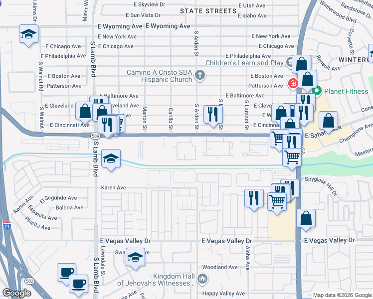 map of restaurants, bars, coffee shops, grocery stores, and more near 4555 East Sahara Avenue in Las Vegas
