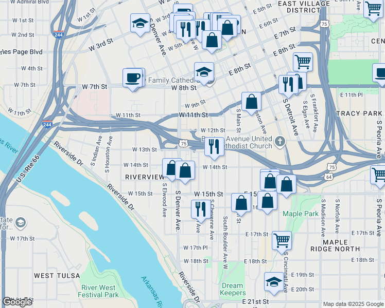 map of restaurants, bars, coffee shops, grocery stores, and more near in Tulsa