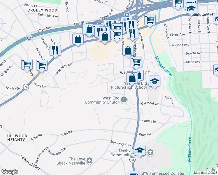 map of restaurants, bars, coffee shops, grocery stores, and more near 5717 Maudina Avenue in Nashville