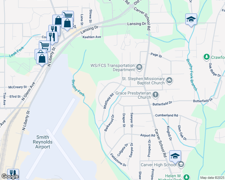 map of restaurants, bars, coffee shops, grocery stores, and more near 3930 Whitfield Road in Winston-Salem