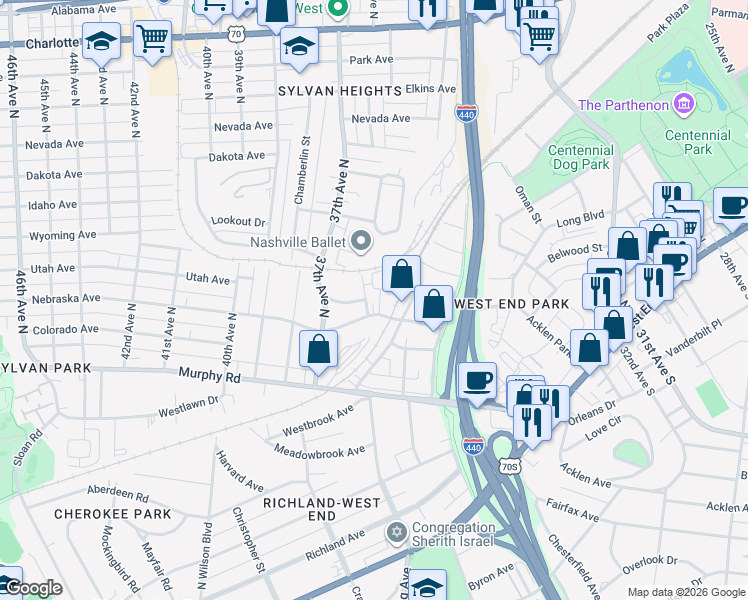 map of restaurants, bars, coffee shops, grocery stores, and more near 313 Sylvan Park Lane in Nashville