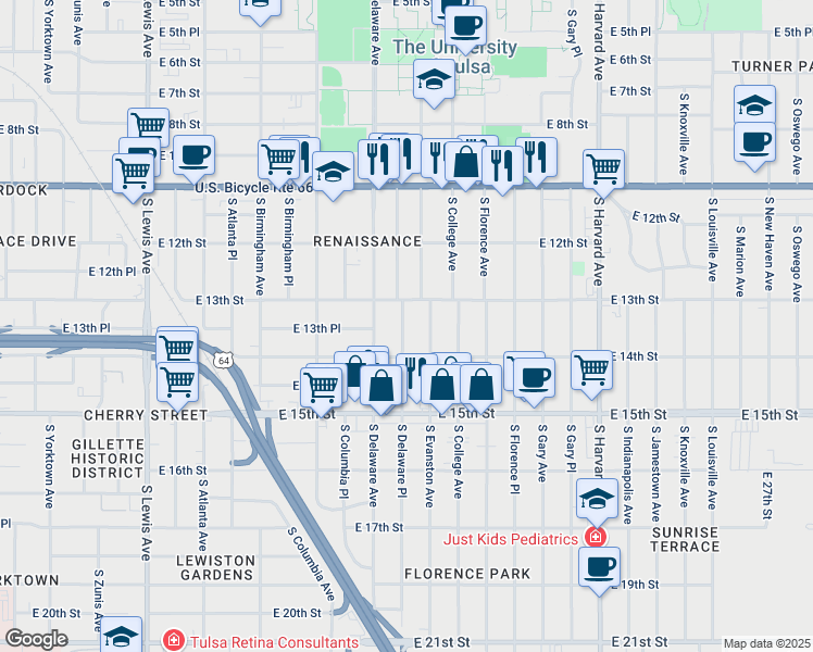 map of restaurants, bars, coffee shops, grocery stores, and more near 1323 South Delaware Place in Tulsa