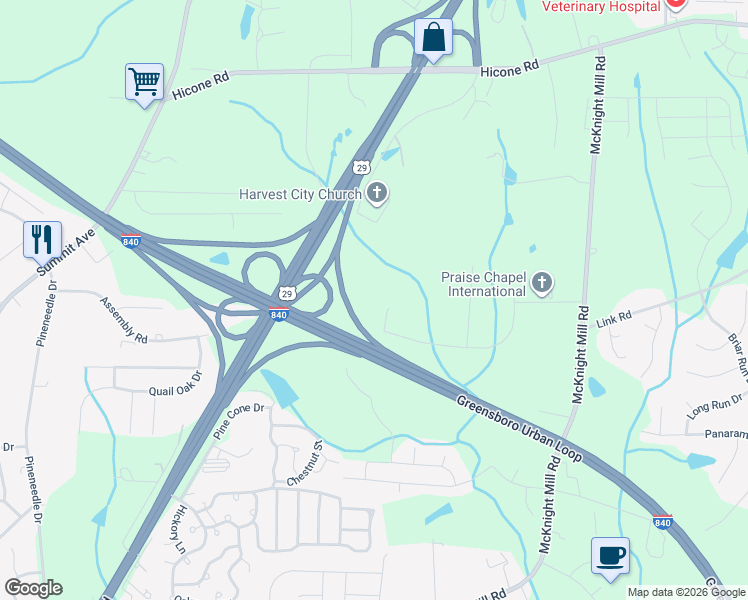 map of restaurants, bars, coffee shops, grocery stores, and more near 2939 Whiterock Road in Greensboro