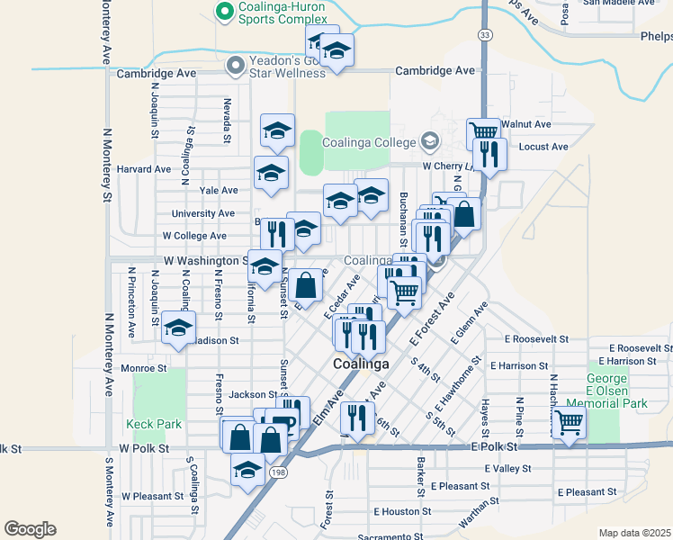 map of restaurants, bars, coffee shops, grocery stores, and more near 284 East Birch Avenue in Coalinga