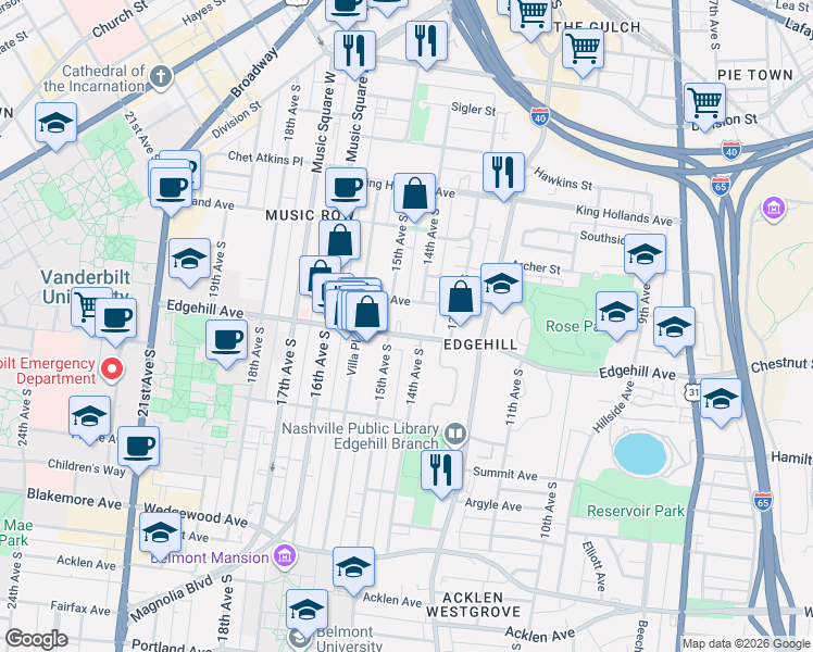 map of restaurants, bars, coffee shops, grocery stores, and more near 1307 Tremont Avenue in Nashville