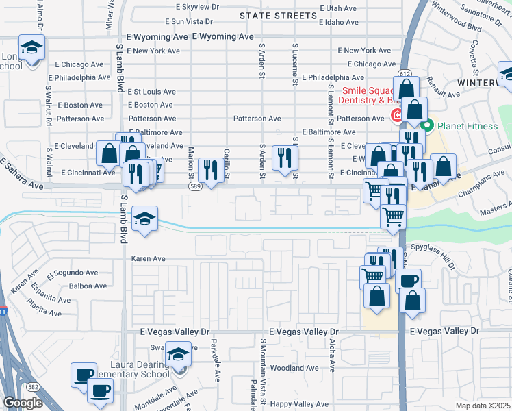 map of restaurants, bars, coffee shops, grocery stores, and more near 4555 East Sahara Avenue in Las Vegas