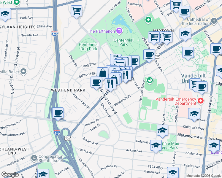 map of restaurants, bars, coffee shops, grocery stores, and more near 3021 West End Ave in Nashville