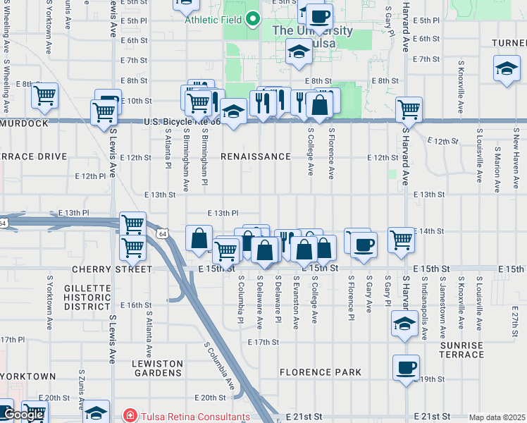 map of restaurants, bars, coffee shops, grocery stores, and more near 1323 South Delaware Avenue in Tulsa