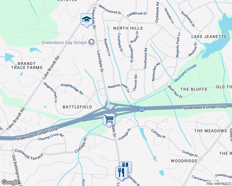 map of restaurants, bars, coffee shops, grocery stores, and more near 5010 Lawndale Drive in Greensboro