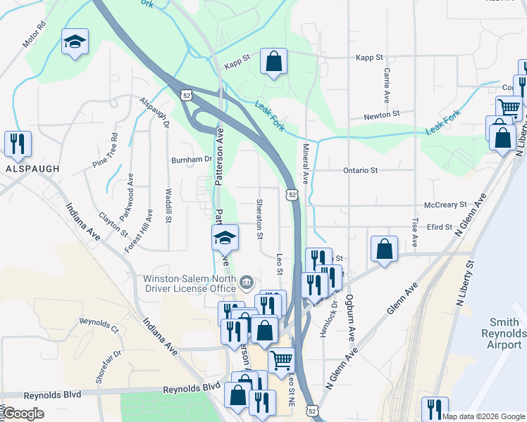 map of restaurants, bars, coffee shops, grocery stores, and more near 4040 Leo Street in Winston-Salem