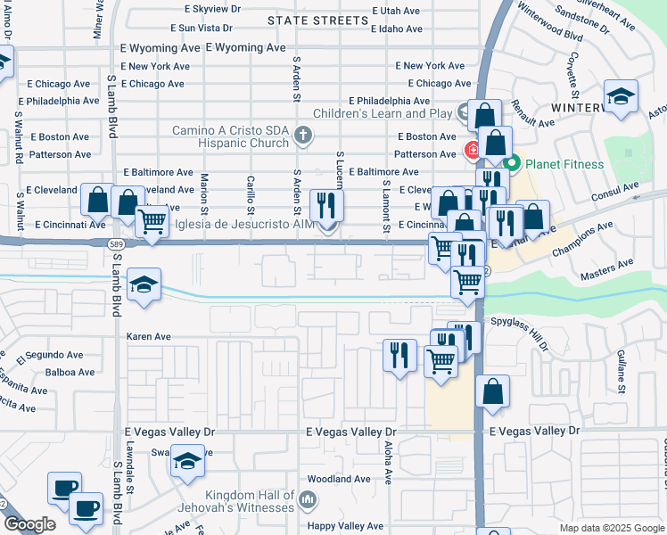 map of restaurants, bars, coffee shops, grocery stores, and more near 4701 East Sahara Avenue in Las Vegas