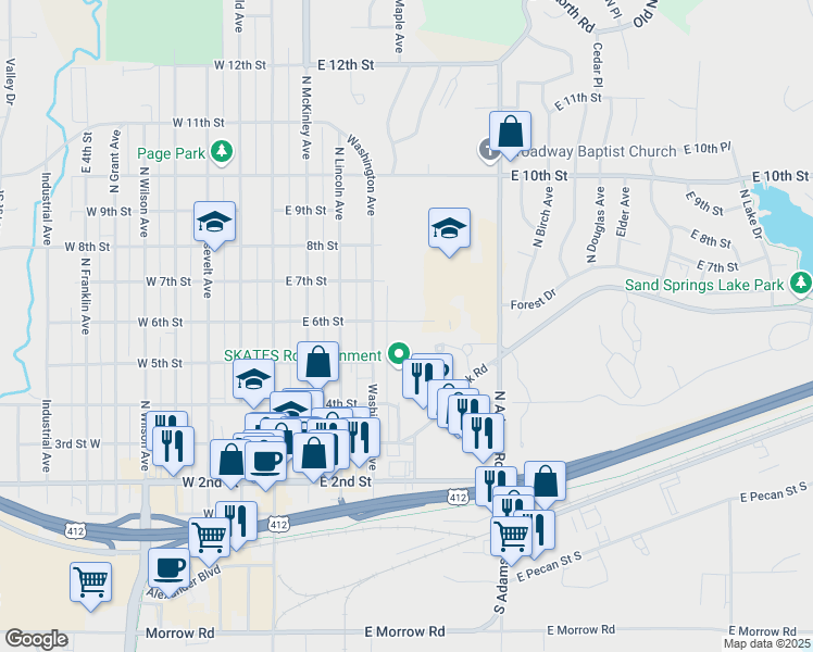 map of restaurants, bars, coffee shops, grocery stores, and more near 400 East 6th Street in Sand Springs