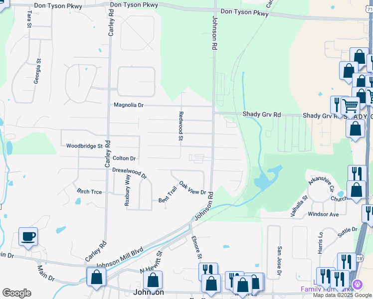 map of restaurants, bars, coffee shops, grocery stores, and more near 2204 Sycamore Place in Springdale