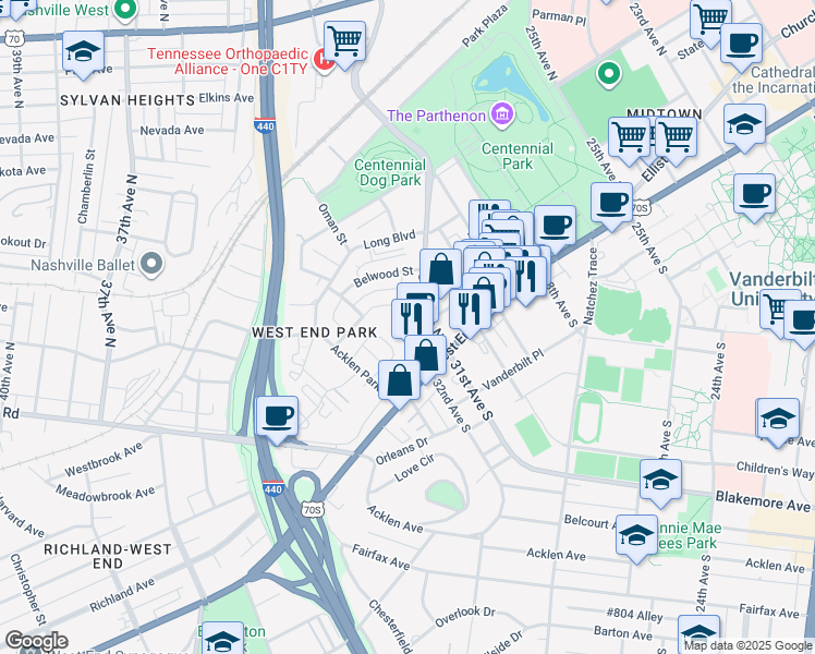 map of restaurants, bars, coffee shops, grocery stores, and more near 3102 West End Avenue in Nashville