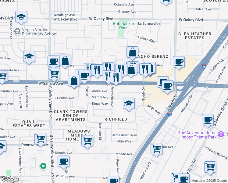 map of restaurants, bars, coffee shops, grocery stores, and more near 2521 Richfield Boulevard in Las Vegas