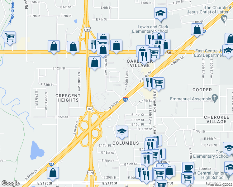 map of restaurants, bars, coffee shops, grocery stores, and more near 1419 South 107th East Avenue in Tulsa