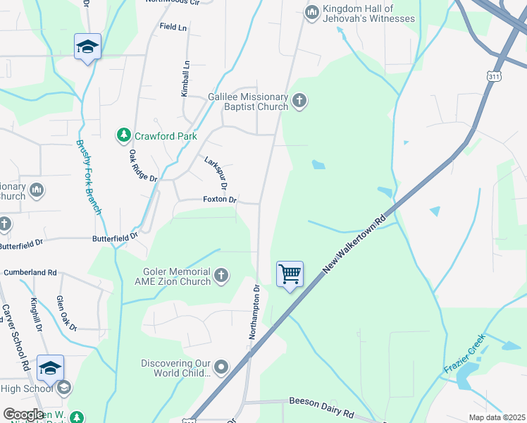 map of restaurants, bars, coffee shops, grocery stores, and more near 4005 Northampton Drive in Winston-Salem