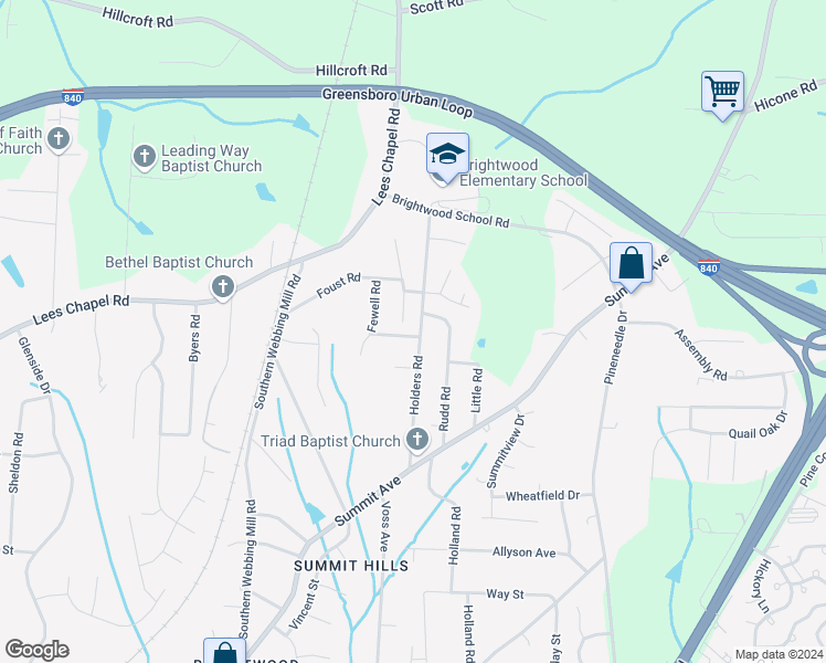 map of restaurants, bars, coffee shops, grocery stores, and more near 1717 Fern Hill Drive in Greensboro