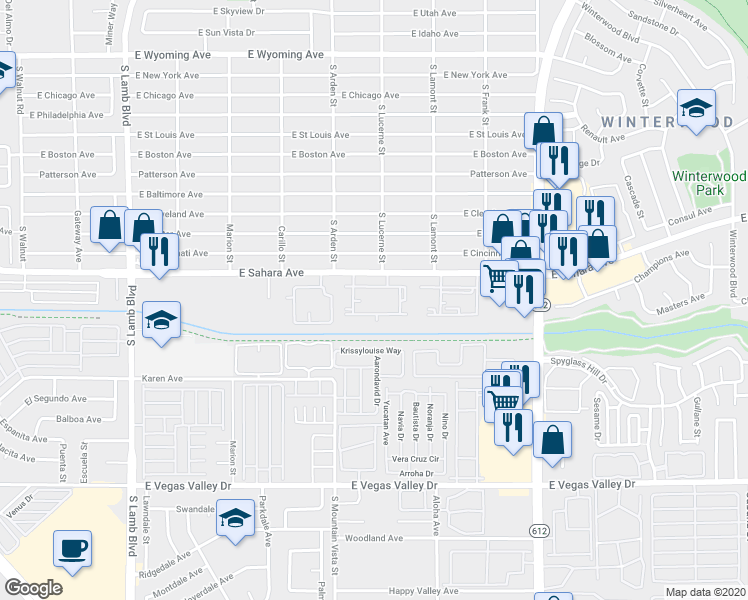 map of restaurants, bars, coffee shops, grocery stores, and more near 4701 East Sahara Avenue in Las Vegas