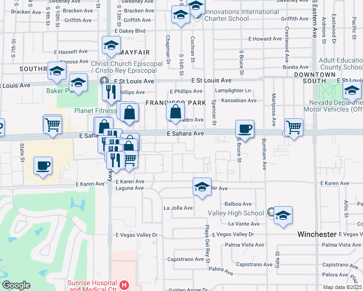 map of restaurants, bars, coffee shops, grocery stores, and more near 1655 East Sahara Avenue in Las Vegas