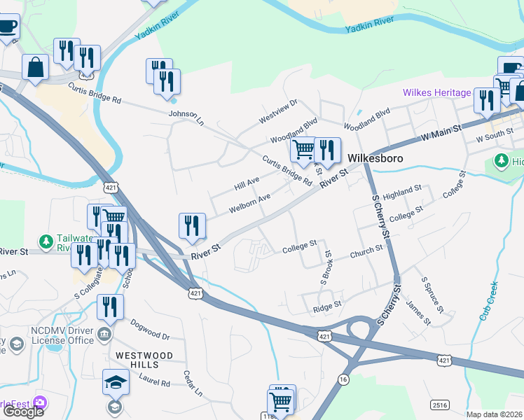 map of restaurants, bars, coffee shops, grocery stores, and more near 1002 Elm Street in Wilkesboro