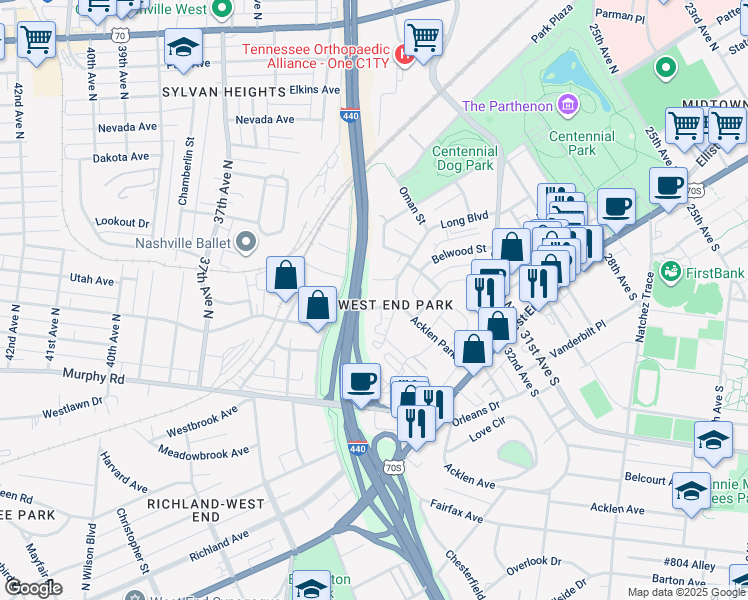 map of restaurants, bars, coffee shops, grocery stores, and more near in Nashville
