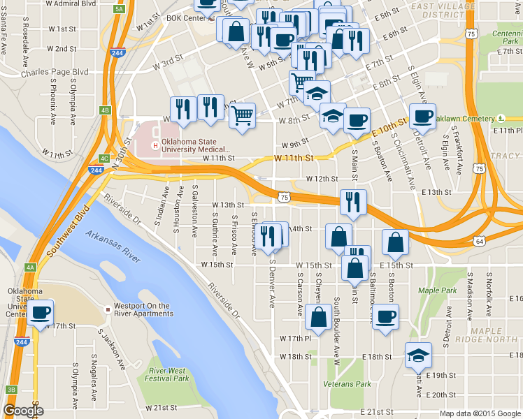 map of restaurants, bars, coffee shops, grocery stores, and more near 1302 South Denver Avenue in Tulsa