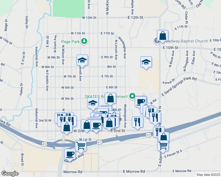 map of restaurants, bars, coffee shops, grocery stores, and more near 604 North Lincoln Avenue in Sand Springs