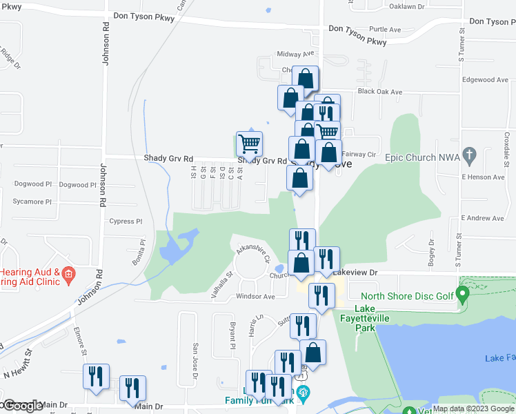 map of restaurants, bars, coffee shops, grocery stores, and more near 1603 Azalea Circle in Springdale