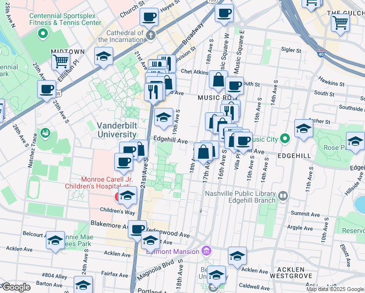 map of restaurants, bars, coffee shops, grocery stores, and more near 230 Appleton Place in Nashville