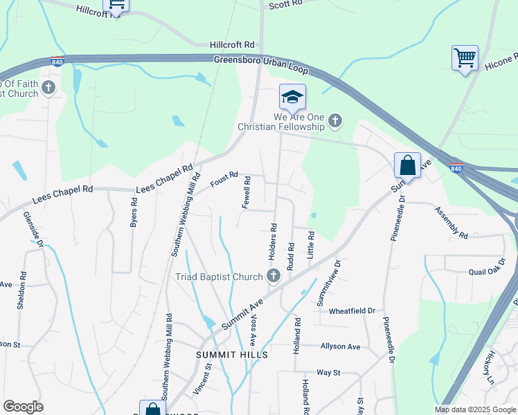 map of restaurants, bars, coffee shops, grocery stores, and more near 1709 Fern Hill Drive in Greensboro