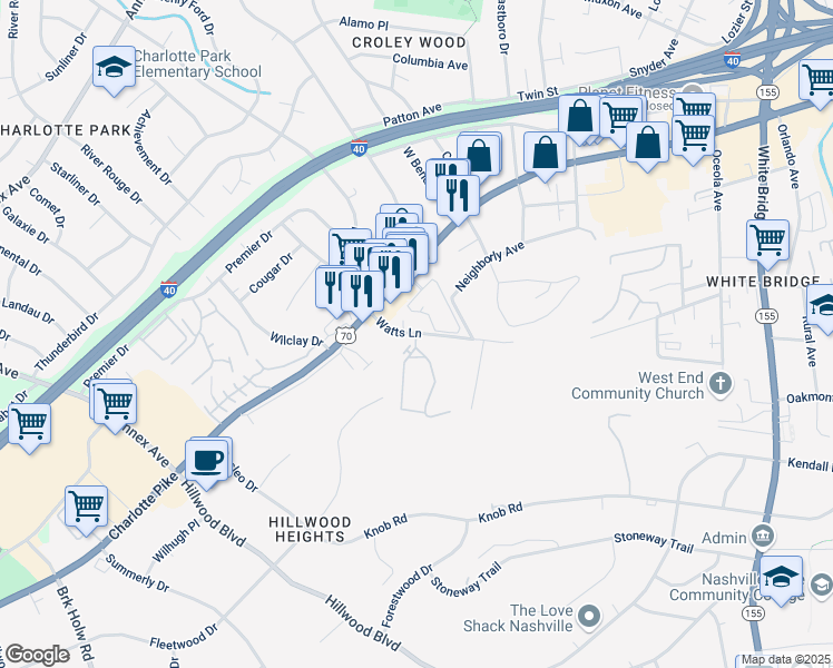map of restaurants, bars, coffee shops, grocery stores, and more near 6315 Charlotte Pike in Nashville