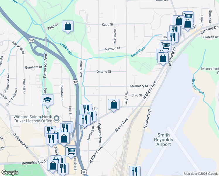 map of restaurants, bars, coffee shops, grocery stores, and more near 638 McCreary Street in Winston-Salem