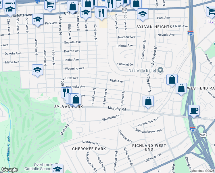 map of restaurants, bars, coffee shops, grocery stores, and more near 4027 Utah Avenue in Nashville