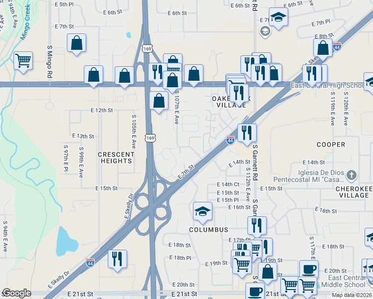 map of restaurants, bars, coffee shops, grocery stores, and more near 1404 South 107th East Avenue in Tulsa