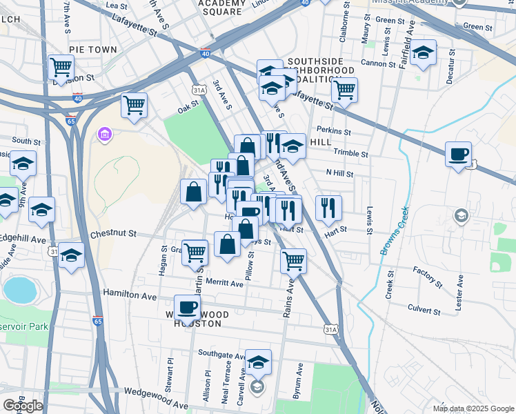 map of restaurants, bars, coffee shops, grocery stores, and more near 1225 4th Avenue South in Nashville