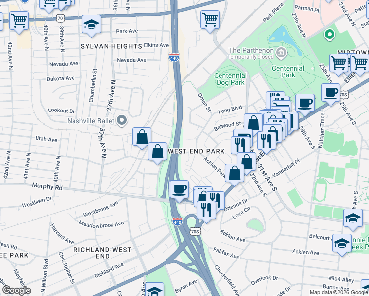 map of restaurants, bars, coffee shops, grocery stores, and more near in Nashville