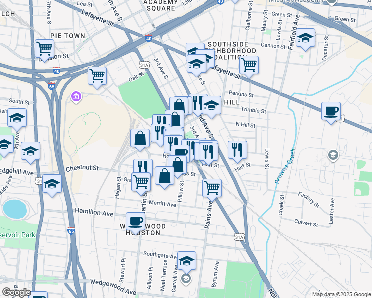 map of restaurants, bars, coffee shops, grocery stores, and more near 1225 4th Avenue South in Nashville