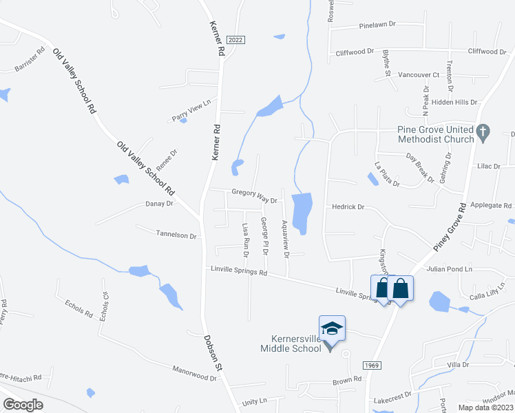 map of restaurants, bars, coffee shops, grocery stores, and more near 951 George Place Drive in Kernersville